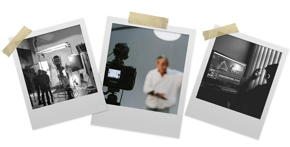 Polaroid photos of the Galette Skincare production process: studio set, filming and editing