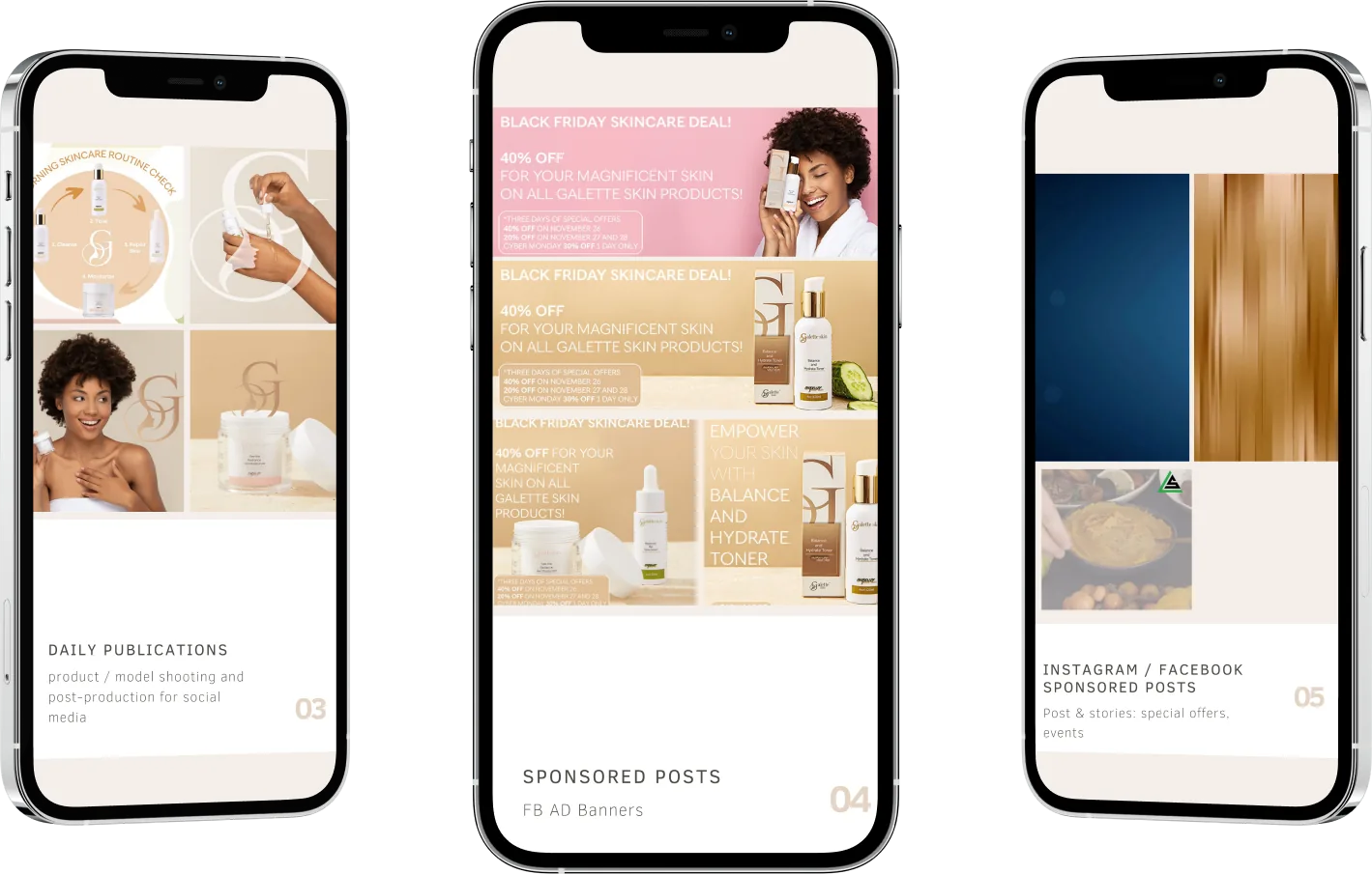 Galette Skincare social media posts on three phone screens: daily publications, sponsored posts and Instagram ads