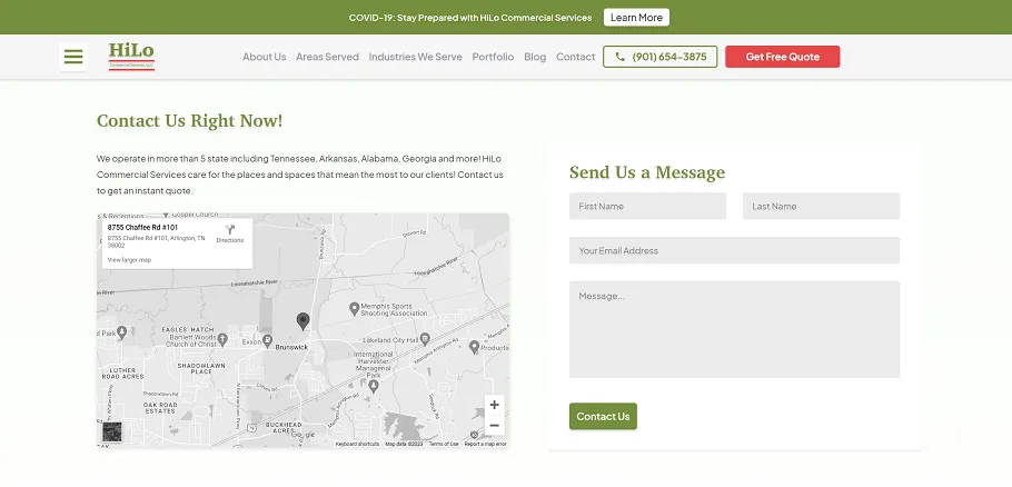 Contact page of the HiLo Commercial website with a map and Send Us a Message form