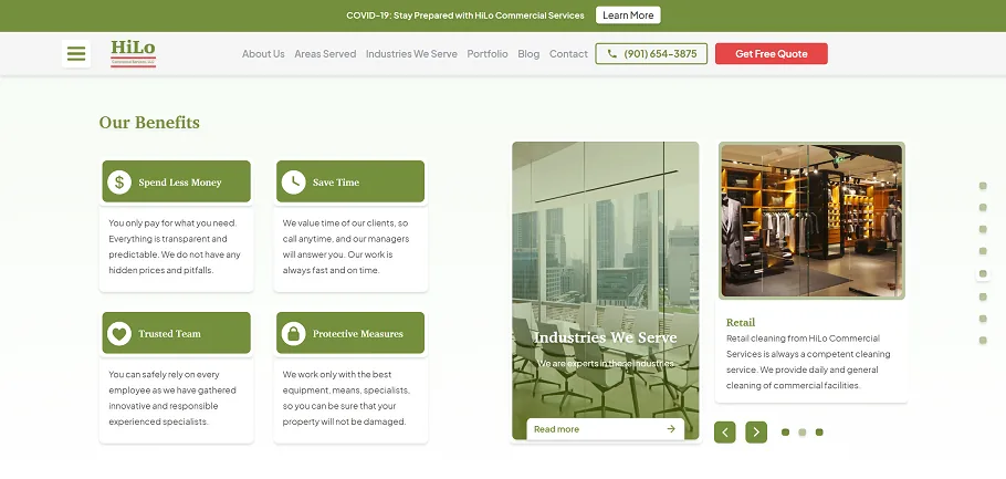 Our Benefits and Industries We Serve sections of the HiLo Commercial main page