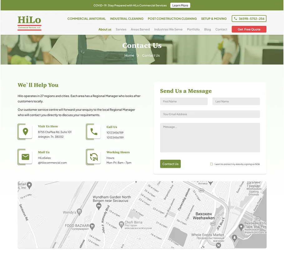 Contact Us page of the HiLo Commercial website