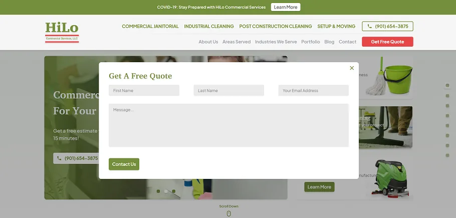 Get A Free Quote popup capture form on the HiLo Commercial website