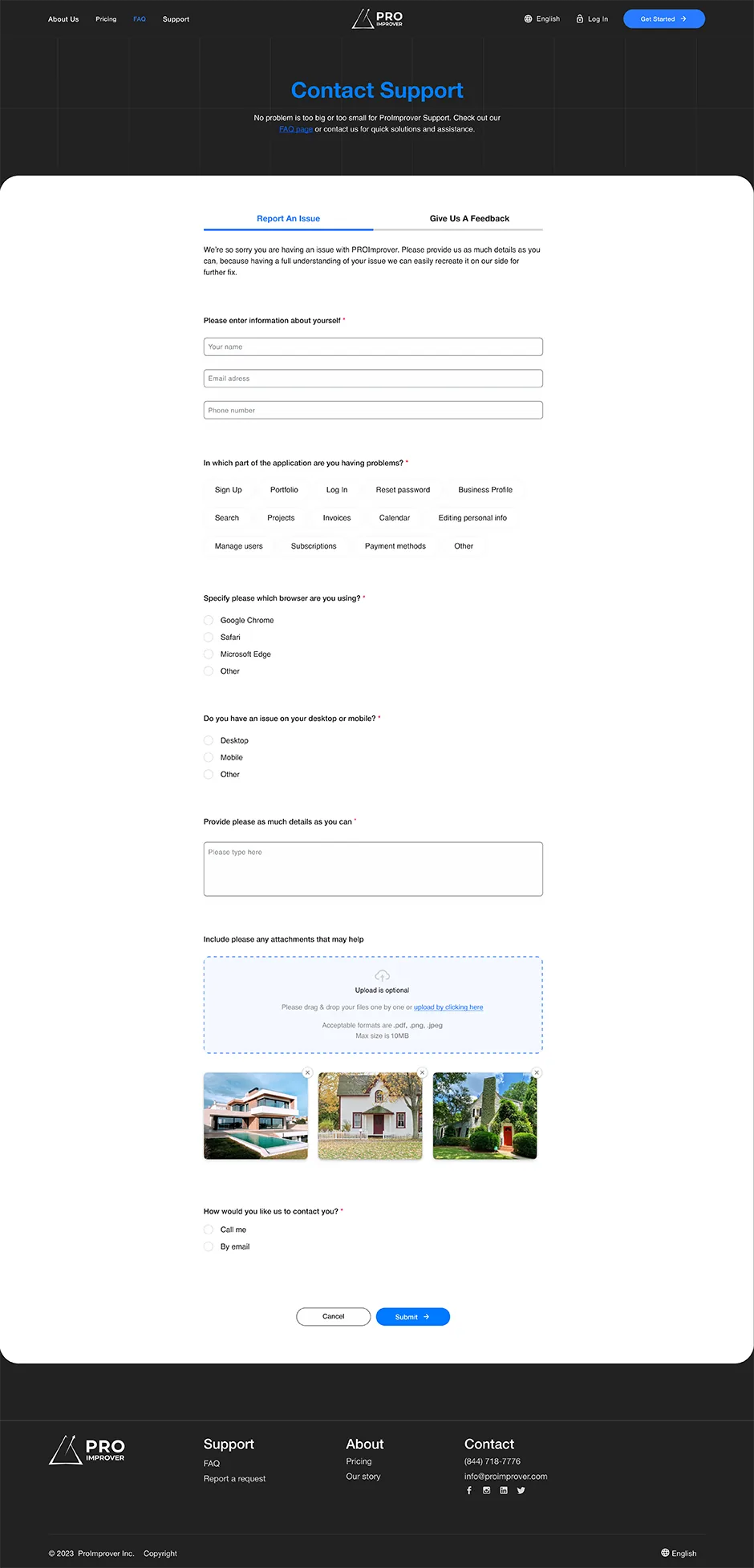 Support page of the ProImprover web app