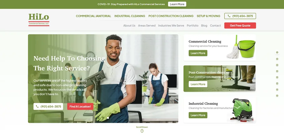 Main page of the HiLo Commercial website in green and white brand colors