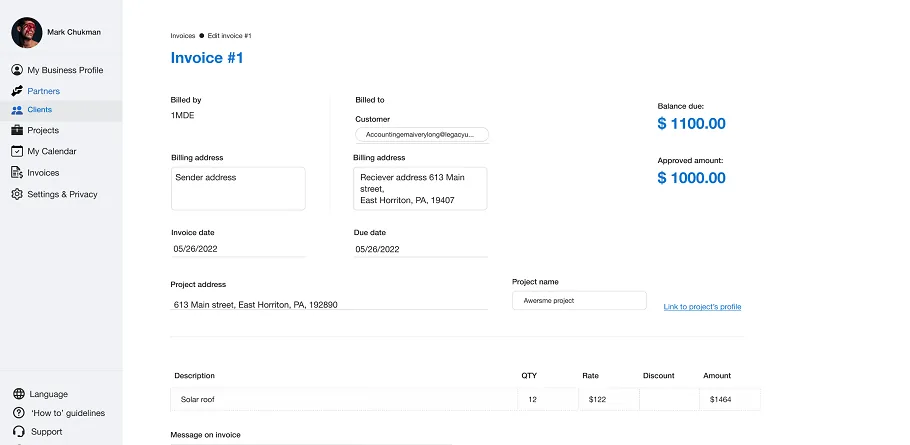 Invoicing page of the ProImprover web app